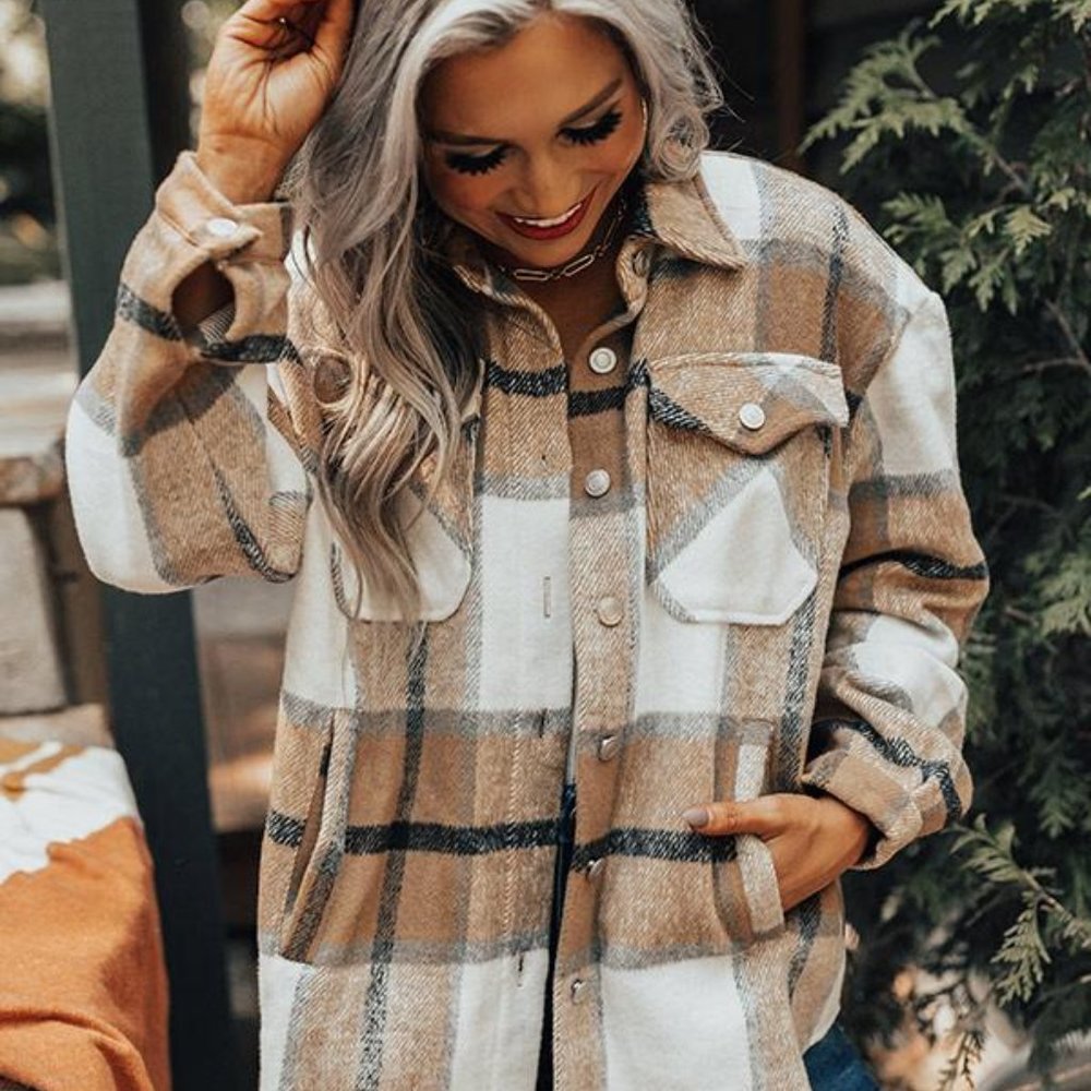 Plaid Oversized Flannel Shirt Jacket Shacket Coat - Picture 3 of 7